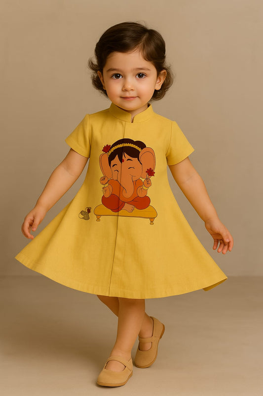 Pre Order: Ganesh Hand Painted Yellow Dress