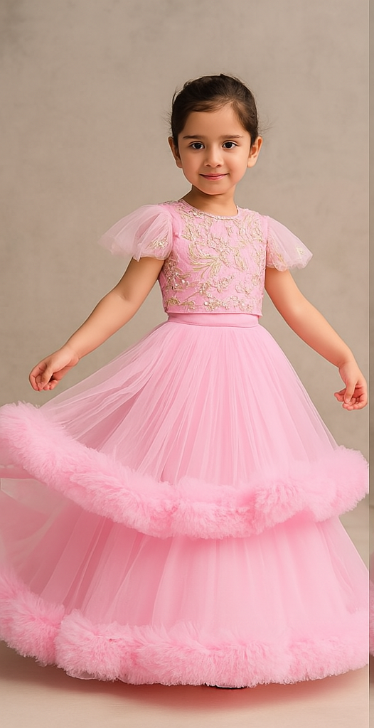 Pre Order: Zardozi Embroidered Light Pink Top And Double Layered Lehenga With Dupatta