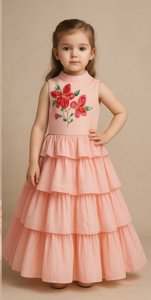 Pink Floral Thread Embroidered Pleated Neck Top With Ruffle Layered Lehenga