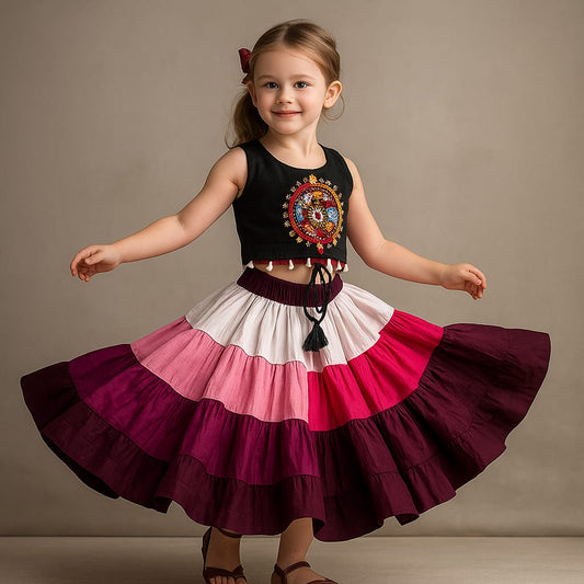 Pre Order: Black Top And Multicolour Lehenga