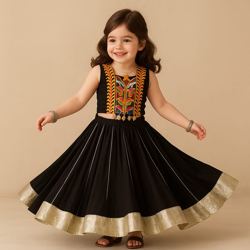 Pre Order: Black Embroidered Top And Lehenga