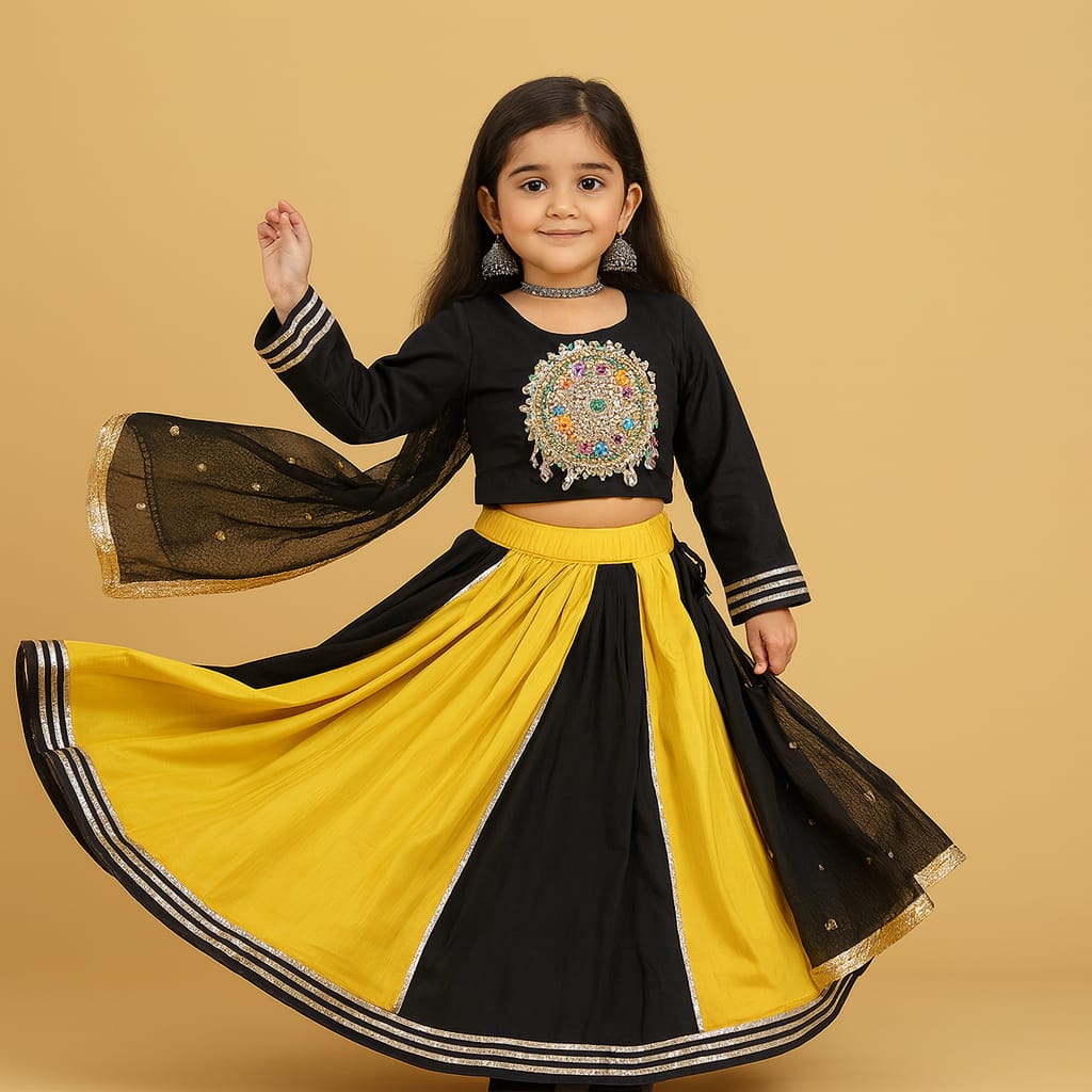 Pre Order: Black And Yellow Embroidered Gota Lace Lehanga