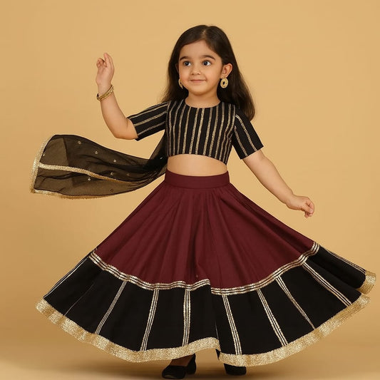 Pre Order: Black And Maroon Gota Lace Lehanga
