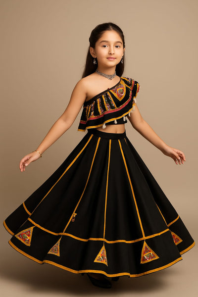 Pre Order: Black And Mustard Lace Lehanga