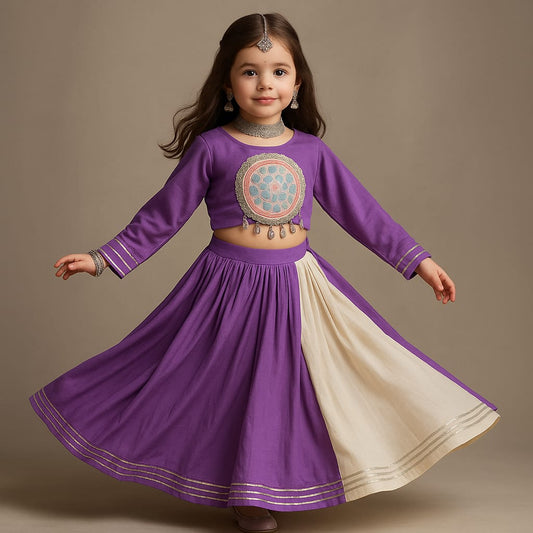 Pre Order: White And Purple Embroidered Lehenga