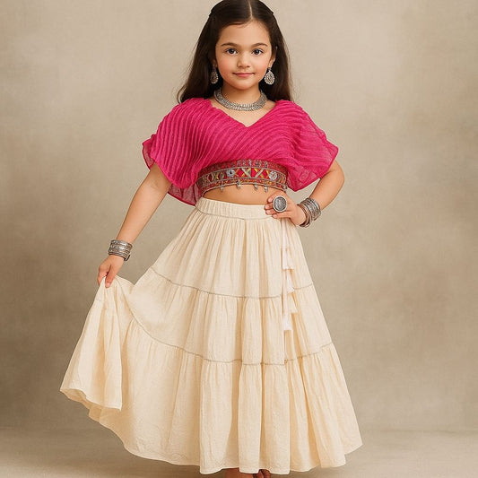 Pre Order: Pink Leheriya Top And White Lehenga
