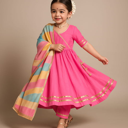 Pre Order: Pink Suit Set with Multicolored Dupatta and Gota Detailing