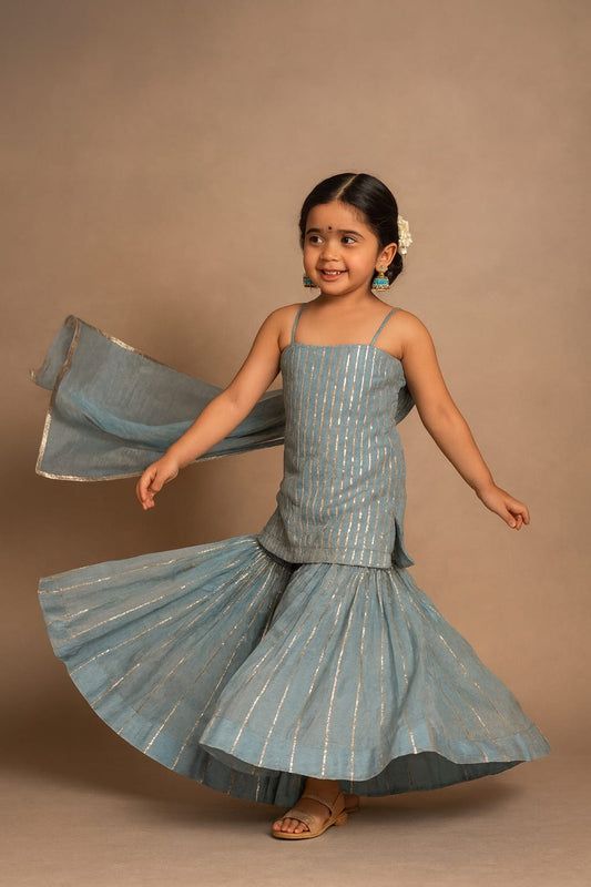 Pre Order: Blue Suit Set with Dupatta and Gota Detailing