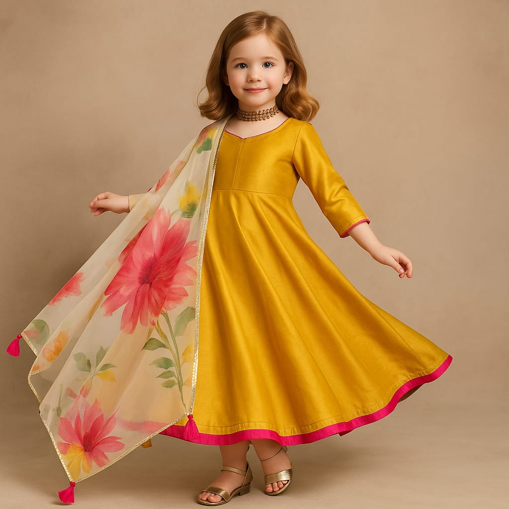 Pre Order: Yellow Anarkali with Floral Duppatta