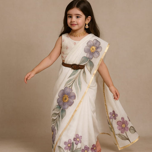 Pre Order: White Floral Saree with Gota Detailing