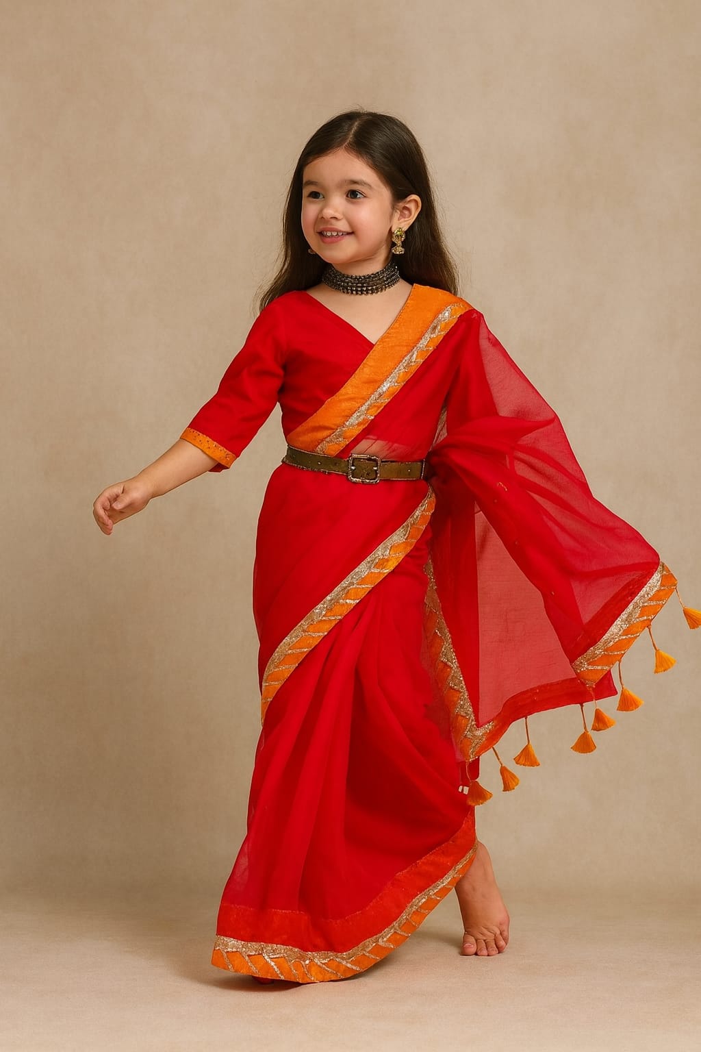 Pre Order: Red Saree with Georgette Gota Detailing