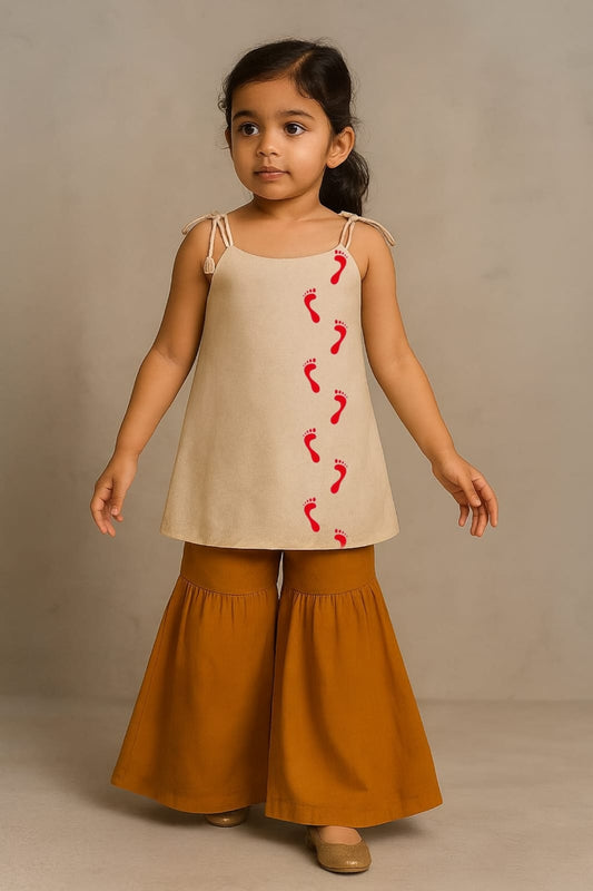 Pre Order: Mataji Red Foot Prints Top With Palazzo
