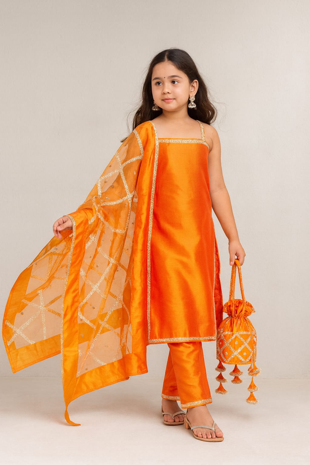 Pre Order: Orange Suit Set with Dupatta and Gota Detailing