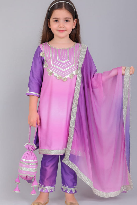 Pre Order: Pink Purple Suit Set with Dupatta and Gota Detailing