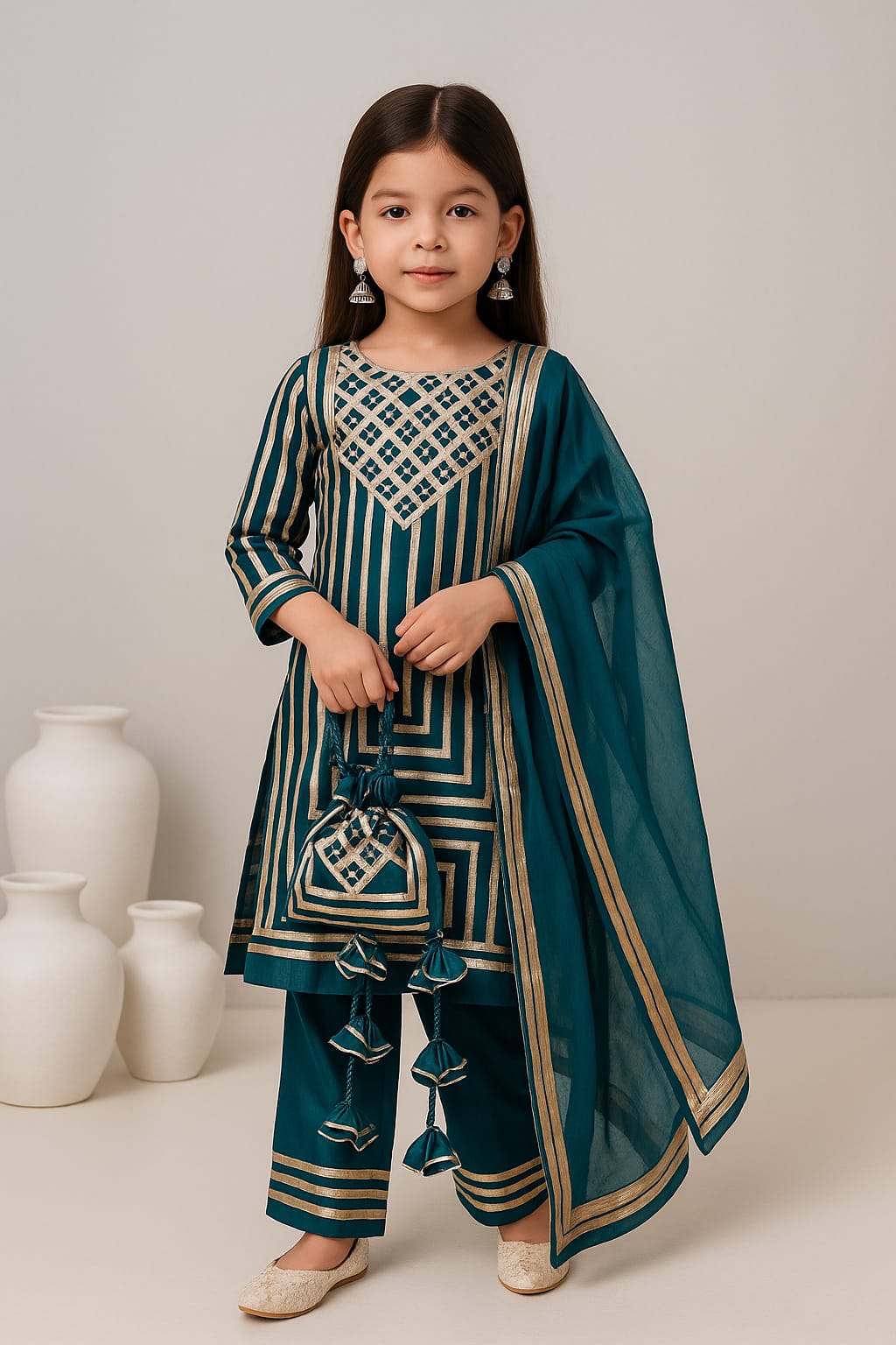 Pre Order: Green Suit Set with Dupatta and Gota Detailing