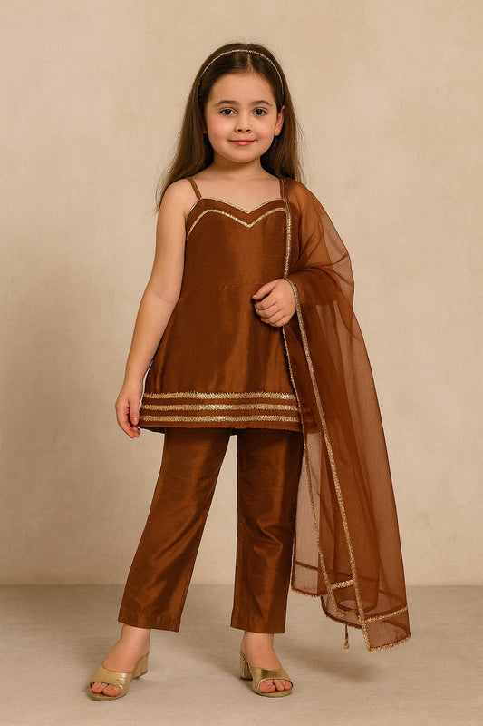 Pre Order: Brown Suit Set with Dupatta and Gota Detailing
