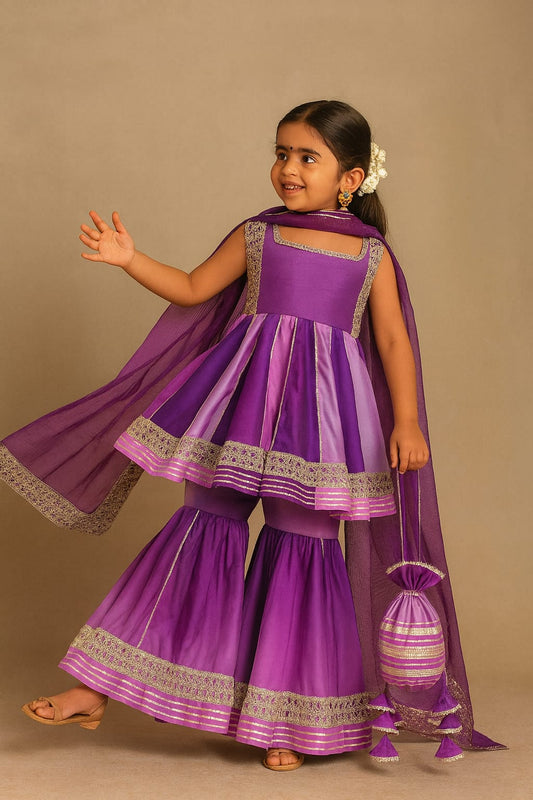 Pre Order: Purple Multishade Suit Set with Dupatta and Gota Detailing