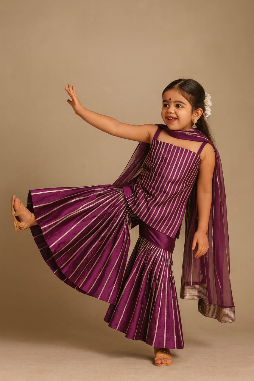 Pre Order: Wine Sharara Set with Duppatta and Gota Detailing