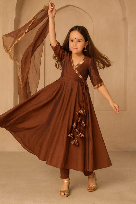 Pre Order: Brown Suit Set with Dupatta and Gota Detailing