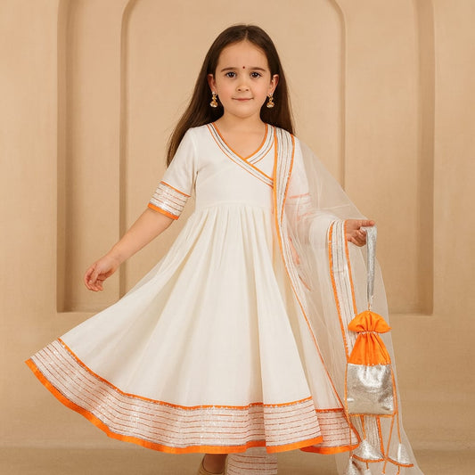 Pre Order: White Suit Set with Dupatta and Gota Detailing