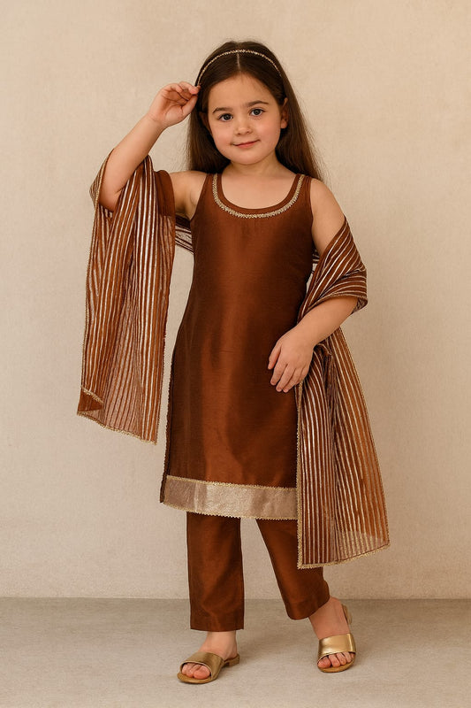 Pre Order: Brown Set with Dupatta and Gota Detailing
