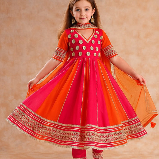 Pre Order: Multicolored Handwork Anarkali with Duppatta and Gota Detailing