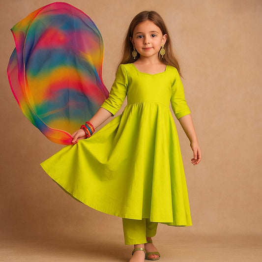 Pre Order: Green Anarkali with Multicolored Duppatta