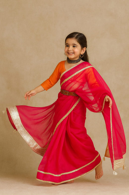 Pre Order: Red Saree with Georgette Blouse with Gota Detailing