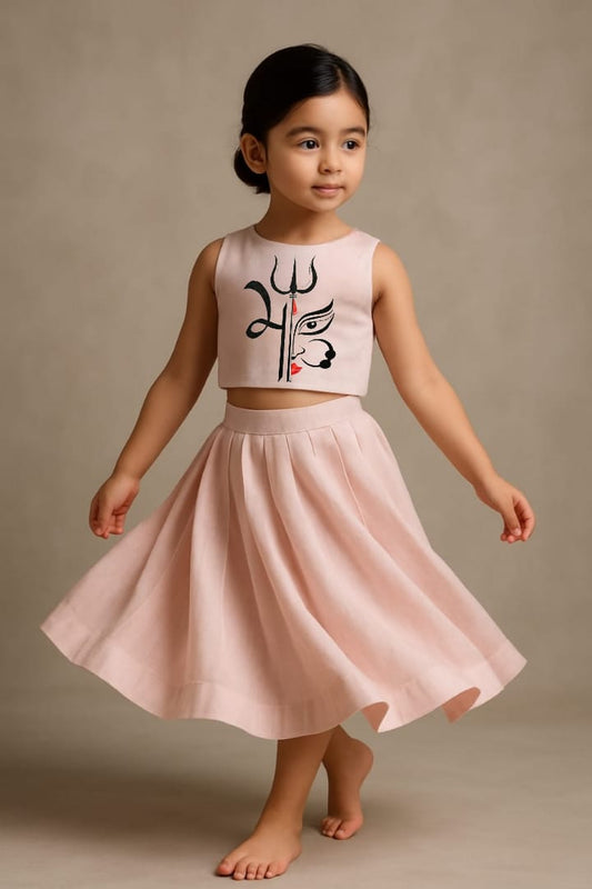 Pre Order: Mata Ji Trishool Pink Top and Skirt