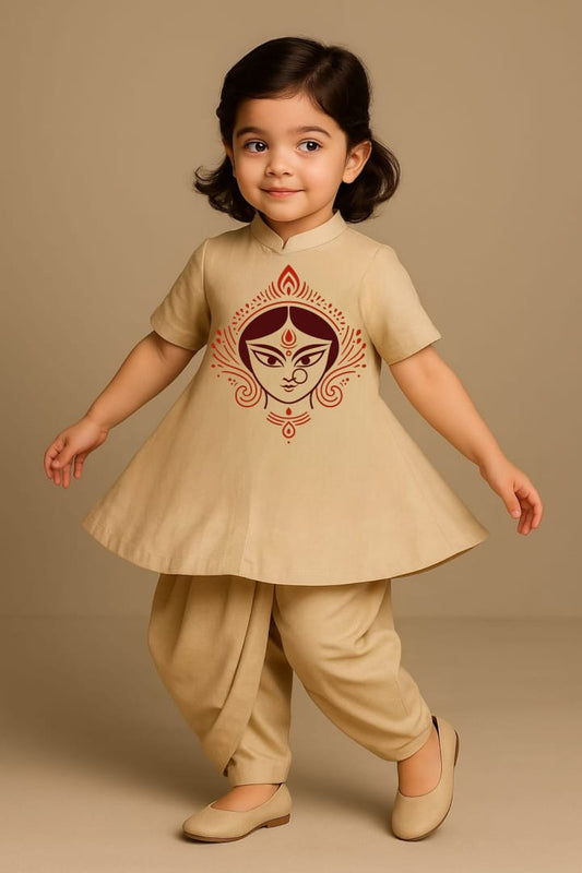 Pre Order: Maa Shakti Beige Top And Dhoti