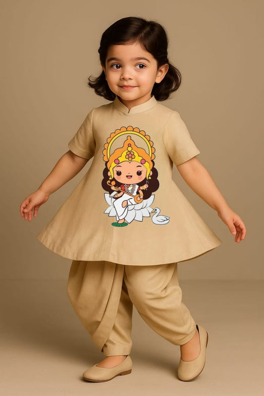 Pre Order: Goddess Saraswati Beige Top And Dhoti