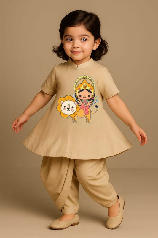 Pre Order: Goddess Durga  Beige Top And Dhoti