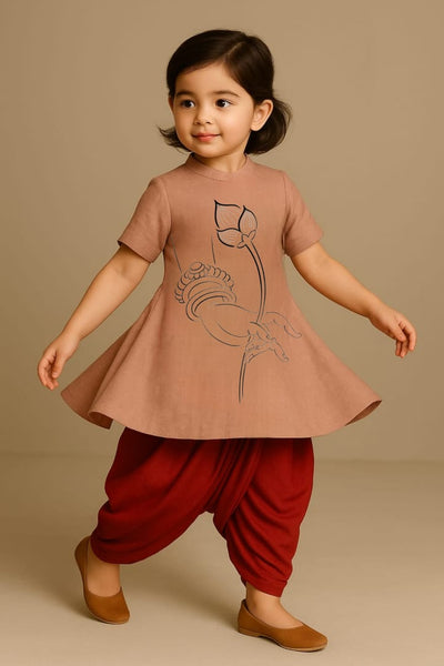 Pre Order: Mata Hands and Lotus Peach Top And Red Dhoti