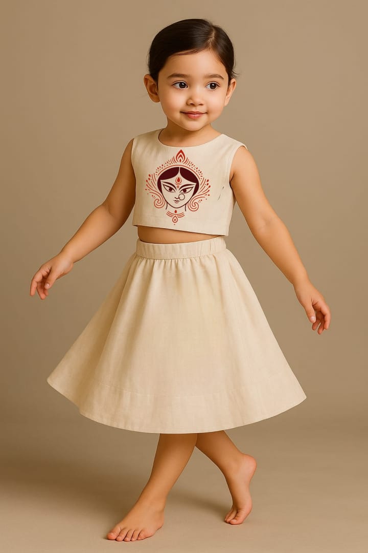 Pre Order: Maa Shakti Off White Top and Skirt