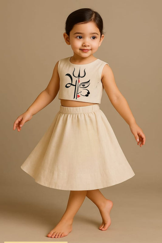 Pre Order: Mata Ji Trishool Off White Top and Skirt