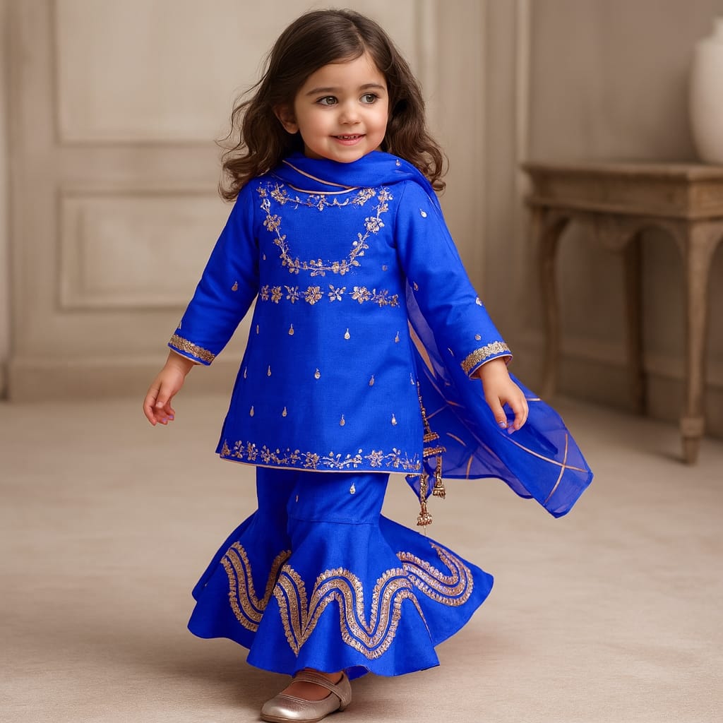 Pre Order: Gota Work Elegant Blue Kurti And Sharara With Net Dupatta