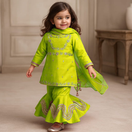 Pre Order: Gota Work Elegant Green Kurti And Sharara With Net Dupatta