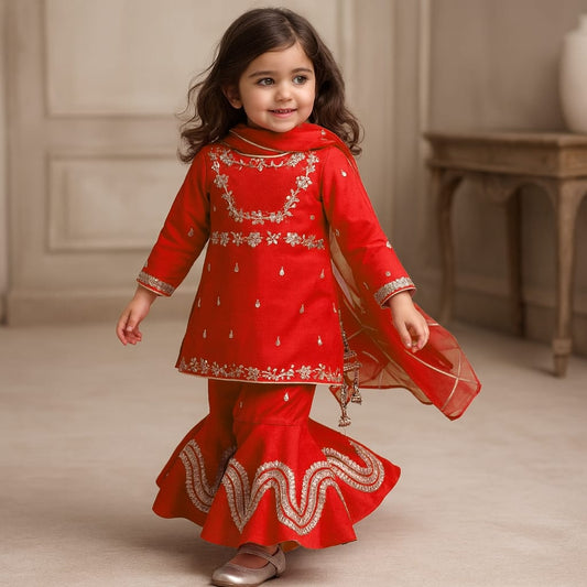 Pre Order: Gota Work Elegant Red Kurti And Sharara With Net Dupatta
