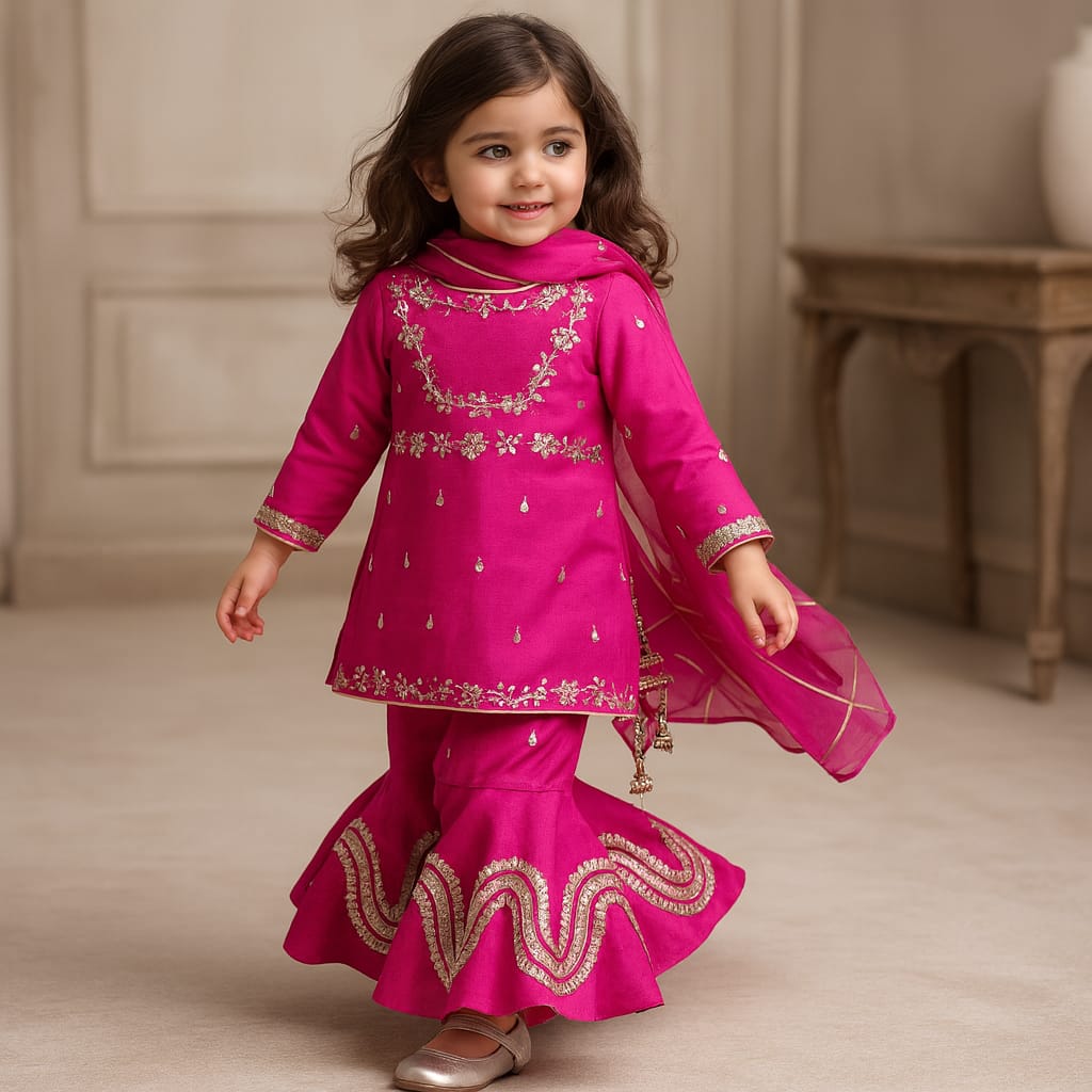 Pre Order: Gota Work Elegant Pink Kurti And Sharara With Net Dupatta