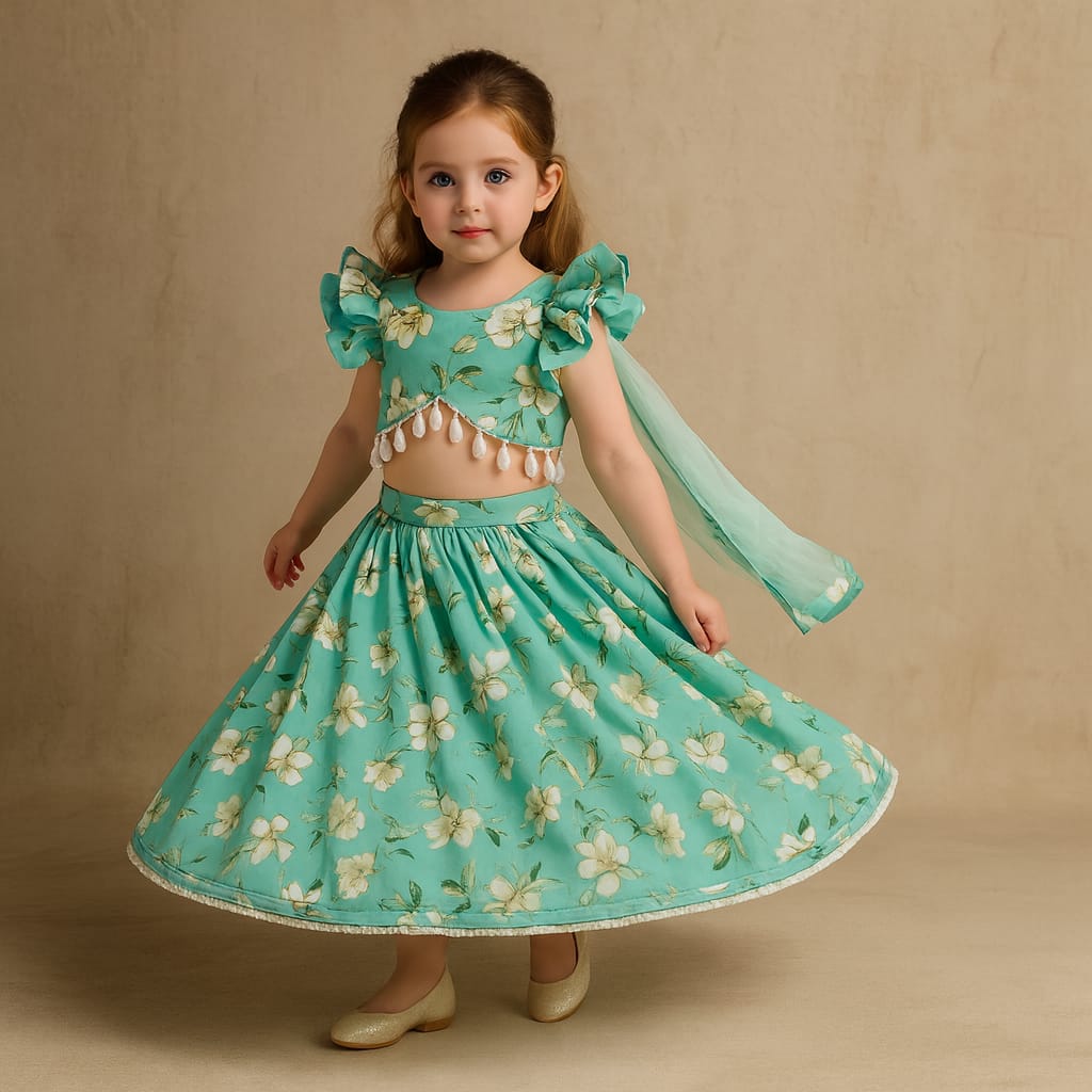 Pre Order: Stylish Hem Green Top And Lehenga With Matching Net Dupatta