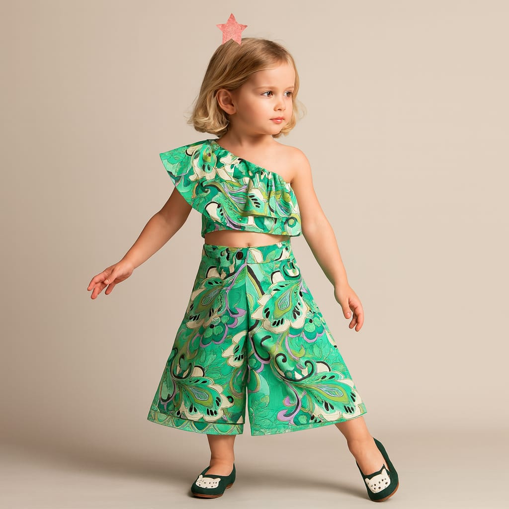 Layered Chain Strap Green Top And Pant With Knot Detail Hair Band
