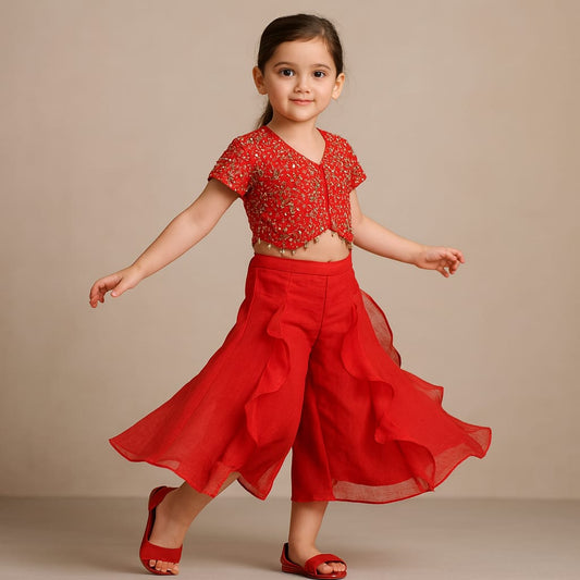 Pre Order: Red Embroidered And Embellished Top With Ruffled Palazzo