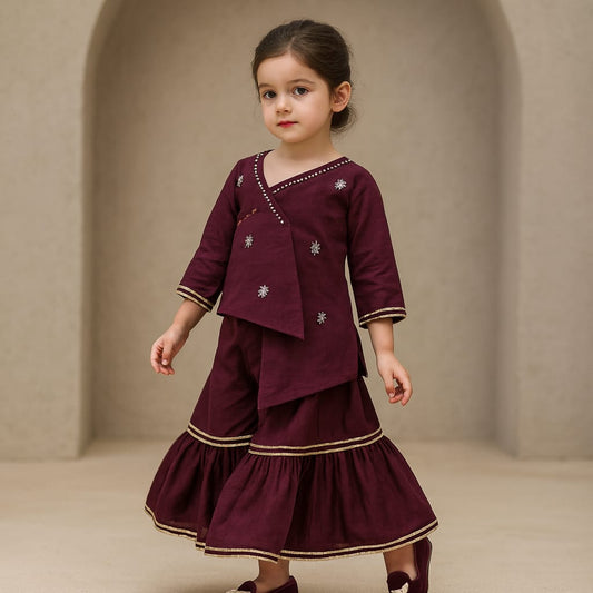 Pre Order: Beautiful Wine Embroidered Wine Kurti With Sharara