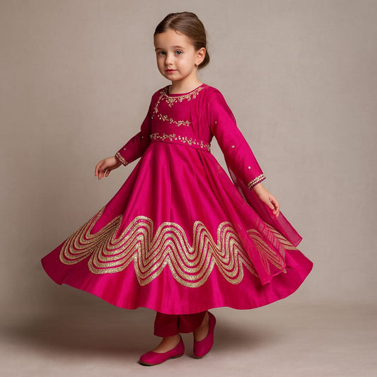 Pre Order: Embroidered Gota Lace Work Pink Anarkali With Attached Dupatta