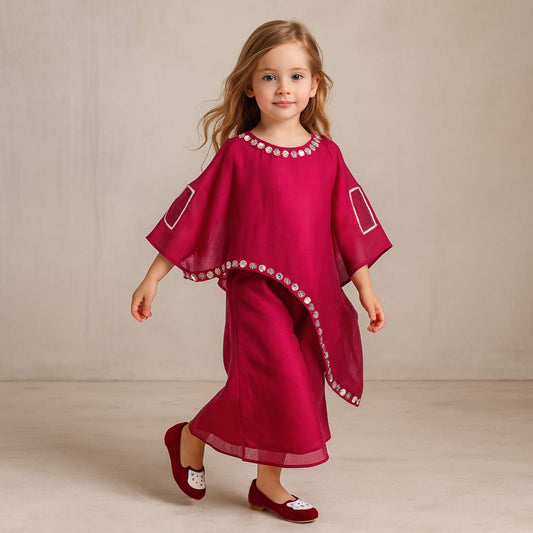 Pre Order: Red Top With Asymmetric Stylish Cape And Palazzo