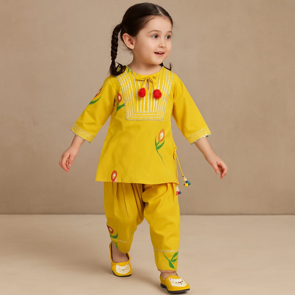 Pre Order: Gota Lace Work Printed Mustard Yellow Kurti And Patiala