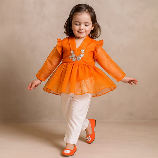 Pre Order: Embroidered Yoke Orange Organza Top With Pockets Detail White Pant