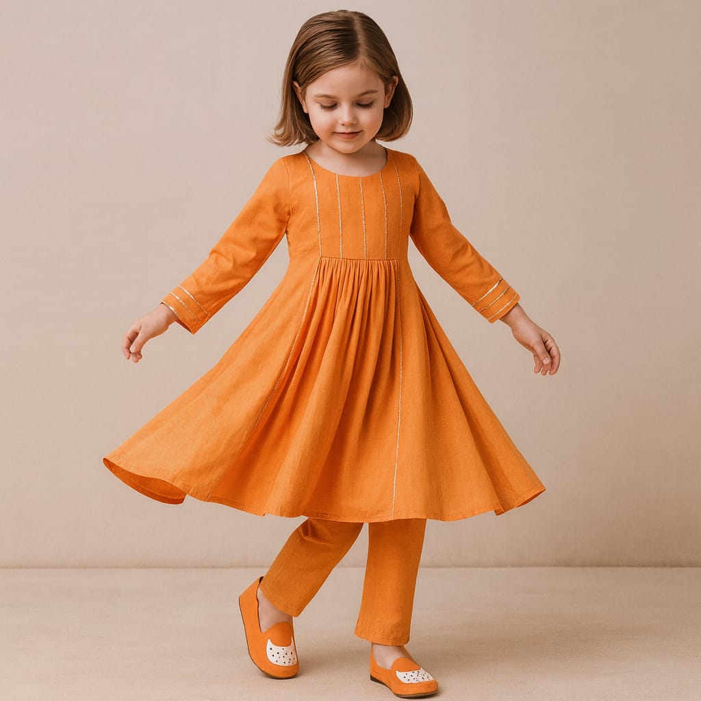 Pre Order: Beads Adorned Orange Sleeveless Kurti And Pant With Dupatta