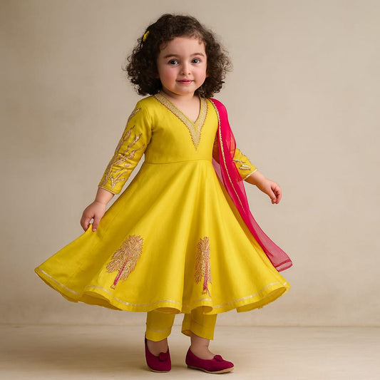 Pre Order: Mustard Embroidered Anarkali With Pink Dupatta