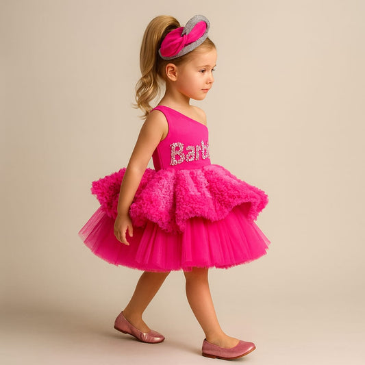 Pre Order: One Shoulder Ruffle Layered Net Pink Dress